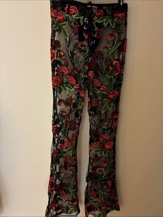 Beginning Boutique Pants - Beginning Boutique Black Sheer lace front Pants with Red Floral Embroidery Small